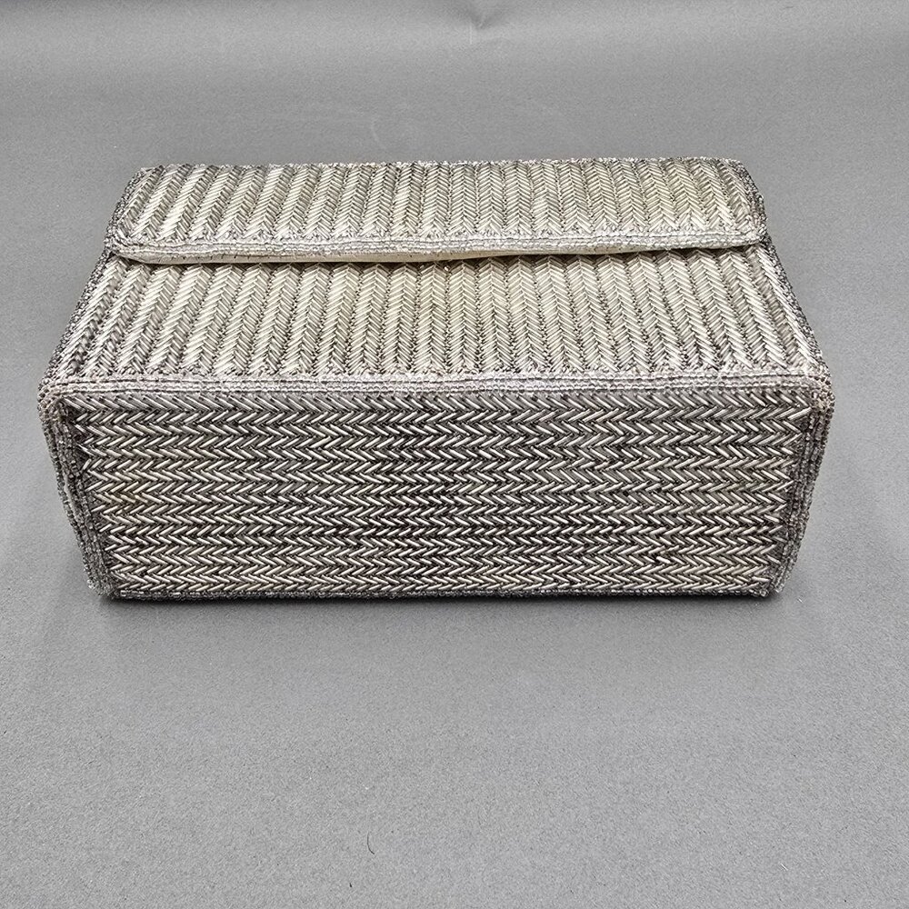 VTG Silver Beaded Herringbone Evening Bag Top Handle 50s La Regale READ - Picture 3 of 15